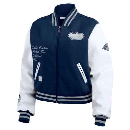 Women’s Dallas Cowboys Cropped Full Zip Navy/White Wool Varsity Jacket