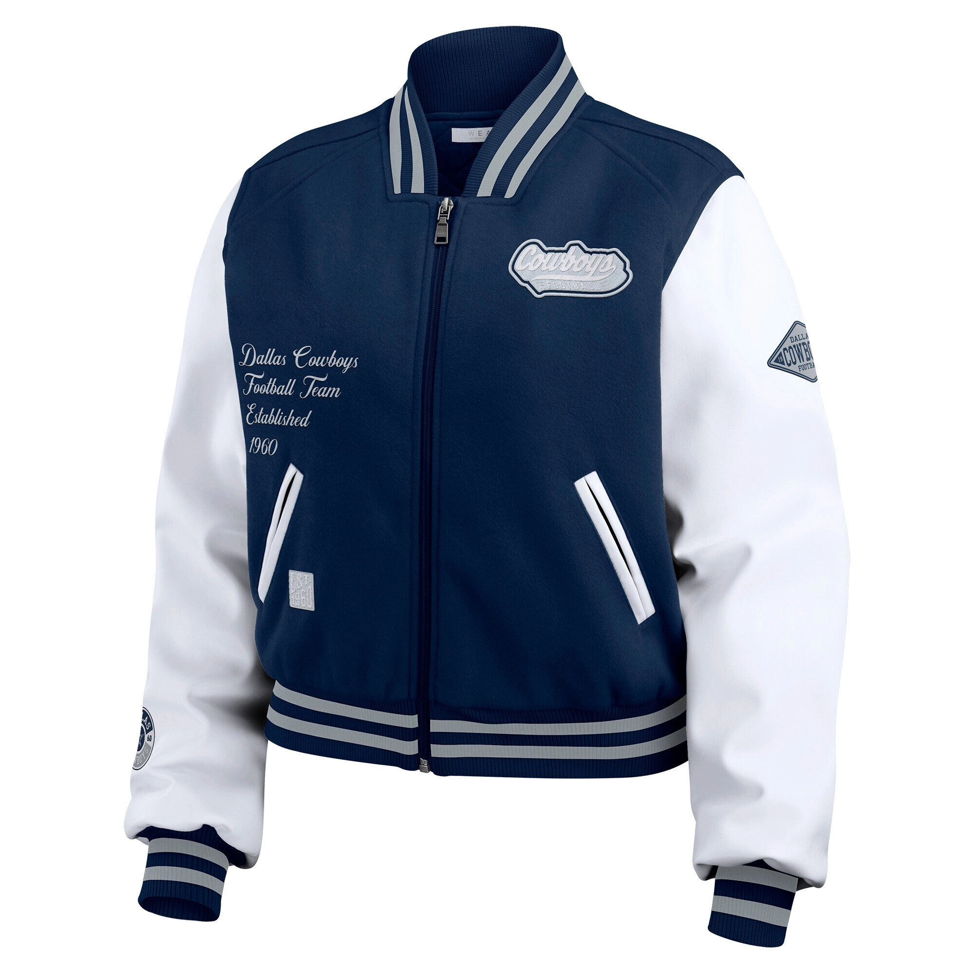 Women’s Dallas Cowboys Cropped Full Zip Navy/White Wool Varsity Jacket