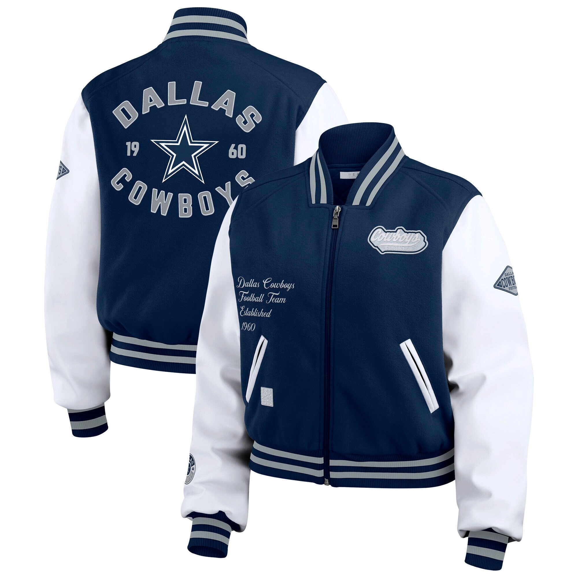 Women’s Dallas Cowboys Cropped Full Zip Navy/White Wool Varsity Jacket - Image 3