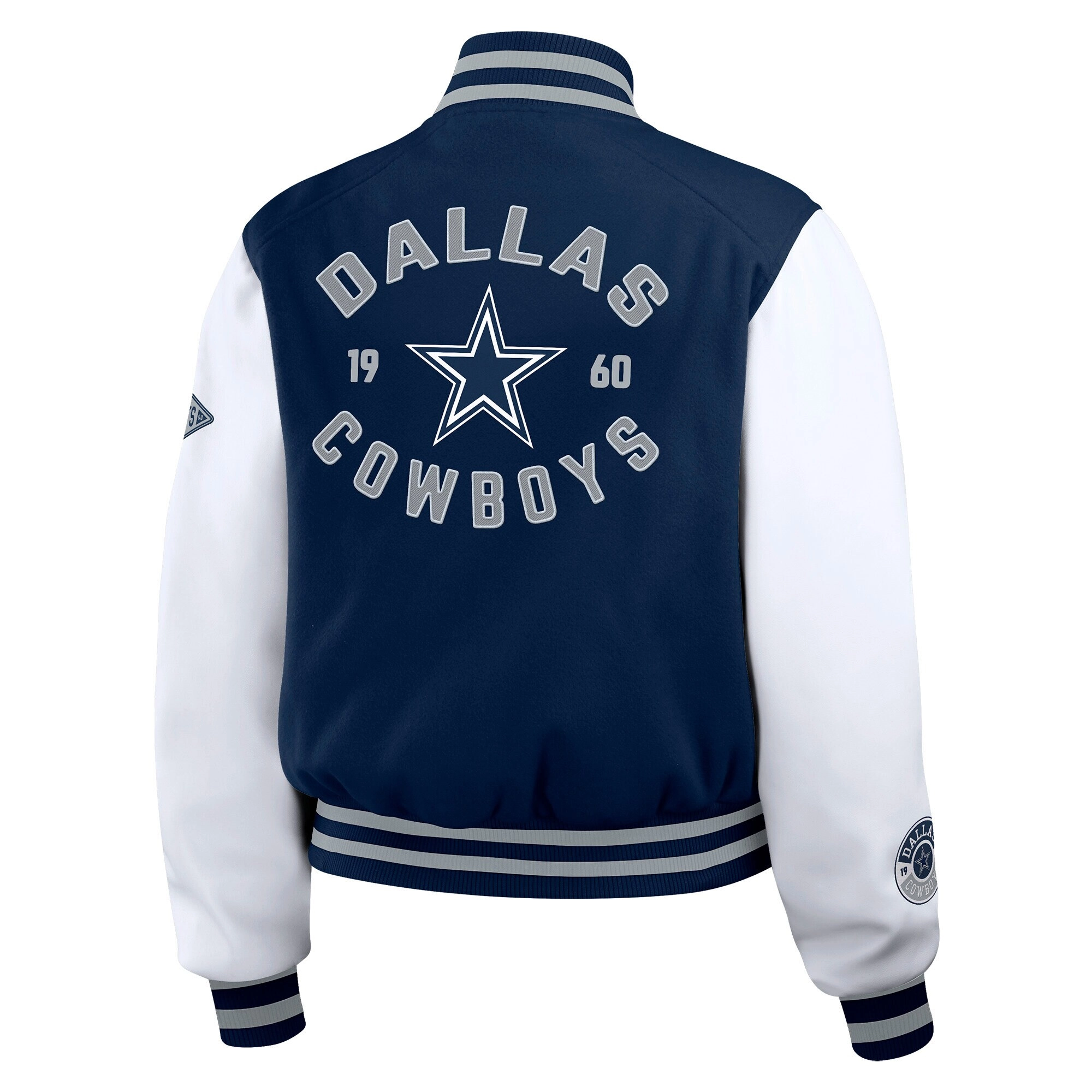 Women’s Dallas Cowboys Cropped Full Zip Navy/White Wool Varsity Jacket - Image 2
