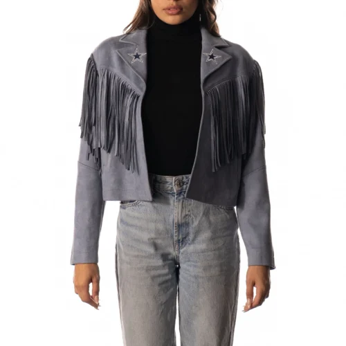 Women’s Dallas Cowboys Blue Leather Suede Fringe Jacket