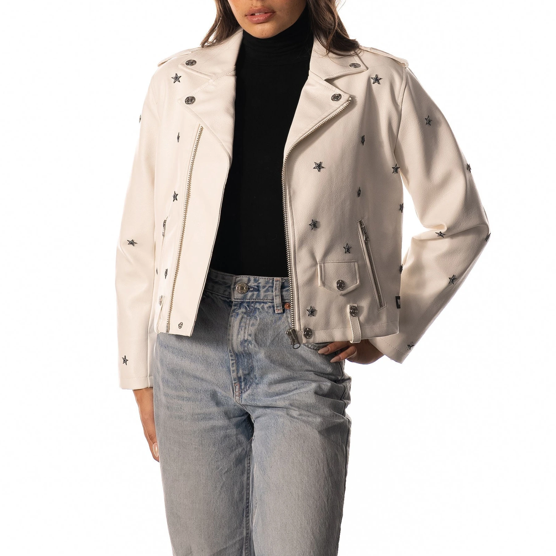 Women’s Dallas Cowboys Moto Full-Zip White Leather Jacket - Image 4
