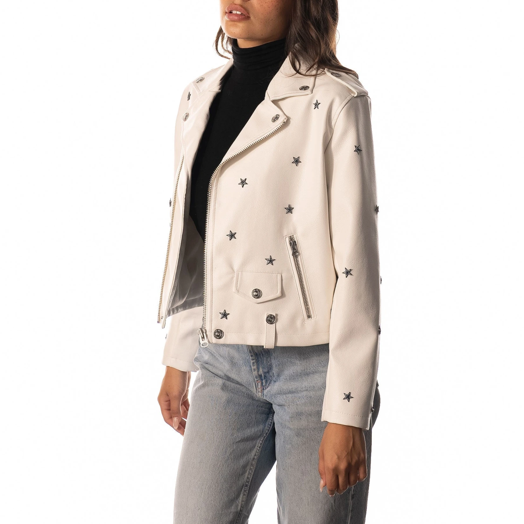 Women’s Dallas Cowboys Moto Full-Zip White Leather Jacket - Image 3