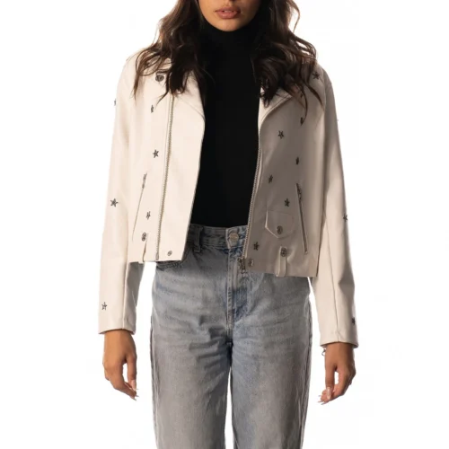 Women’s Dallas Cowboys Moto Full-Zip White Leather Jacket