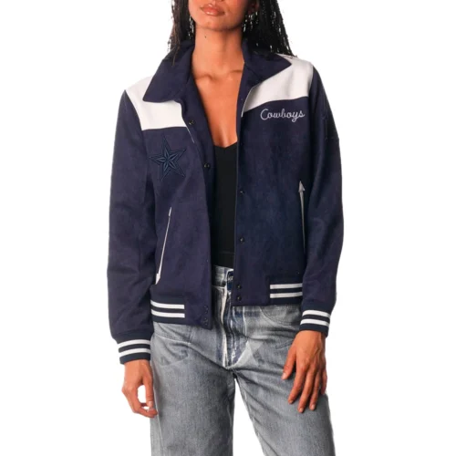 Women's Dallas Cowboys Suede Full-Snap Navy Bomber Jacket