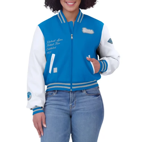 Women’s Detroit Lions Cropped Full Zip Blue/White Wool Varsity Jacket - Image 4