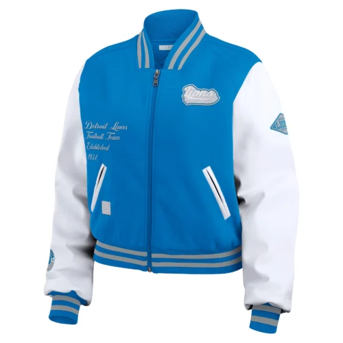 Women’s Detroit Lions Cropped Full Zip Blue/White Wool Varsity Jacket
