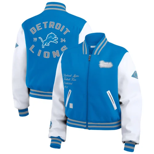 Women’s Detroit Lions Cropped Full Zip Blue/White Wool Varsity Jacket - Image 3