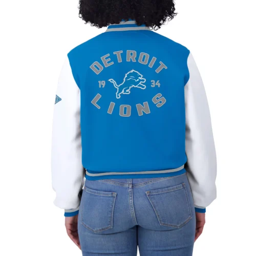 Women’s Detroit Lions Cropped Full Zip Blue/White Wool Varsity Jacket - Image 5