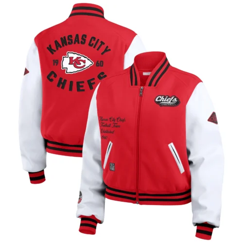Women’s Kansas City Chiefs Cropped Full Zip Red/White Wool Varsity Jacket - Image 3