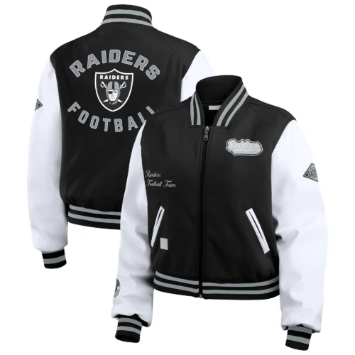 Women’s Las Vegas Raiders Cropped Full Zip Black/White Wool Varsity Jacket - Image 3