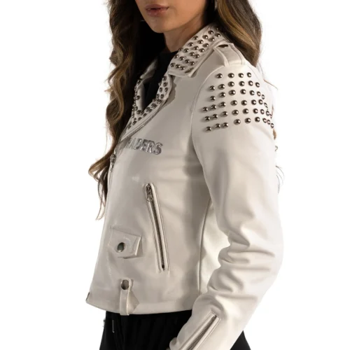 Women’s Las Vegas Raiders Moto Full-Zip White Leather Jacket - Image 3