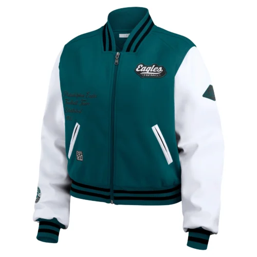 Women’s Philadelphia Eagles Cropped Full Zip Green/White Wool Varsity Jacket