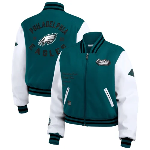 Women’s Philadelphia Eagles Cropped Full Zip Green/White Wool Varsity Jacket - Image 3
