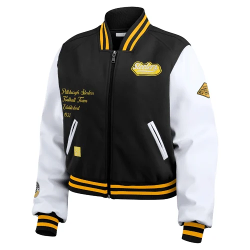 Women’s Pittsburgh Steelers Cropped Full Zip Black/White Wool Varsity Jacket