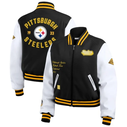 Women’s Pittsburgh Steelers Cropped Full Zip Black/White Wool Varsity Jacket - Image 3