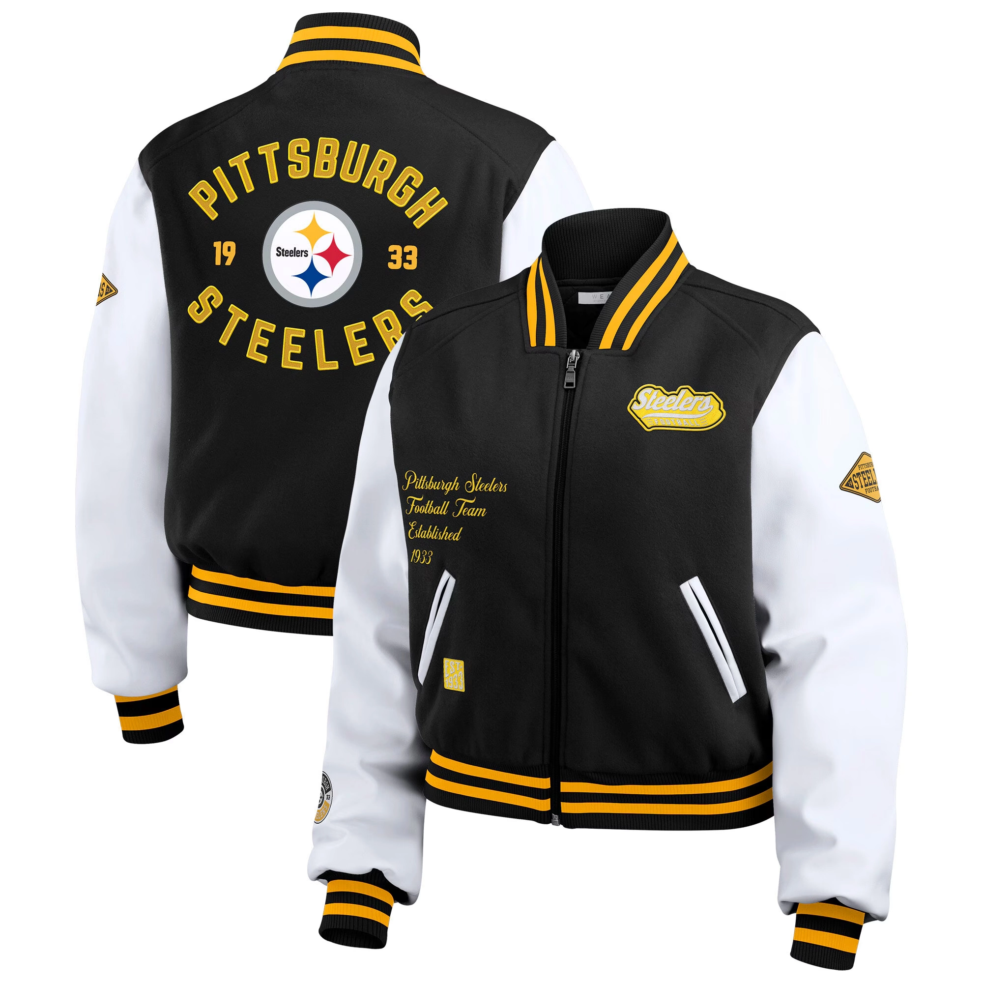 Women’s Pittsburgh Steelers Cropped Full Zip Black/White Wool Varsity Jacket - Image 3