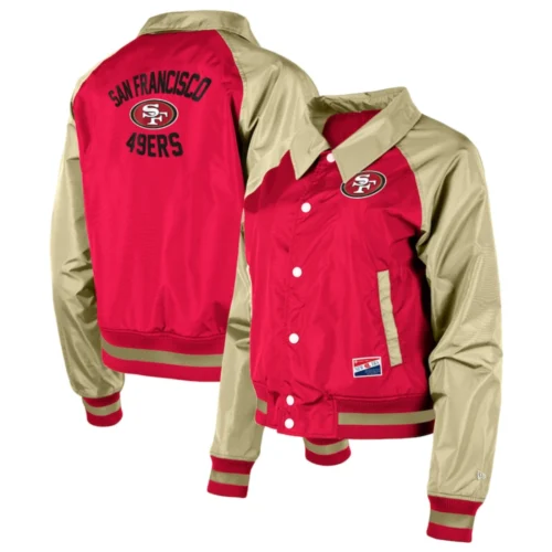 Women's San Francisco 49ers Coaches Raglan Red/Gold Satin Jacket - Image 3