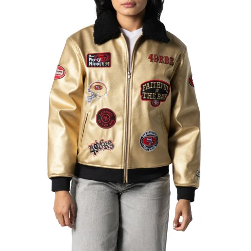 Women’s San Francisco 49ers Full-Zip Gold Sherpa Leather Jacket