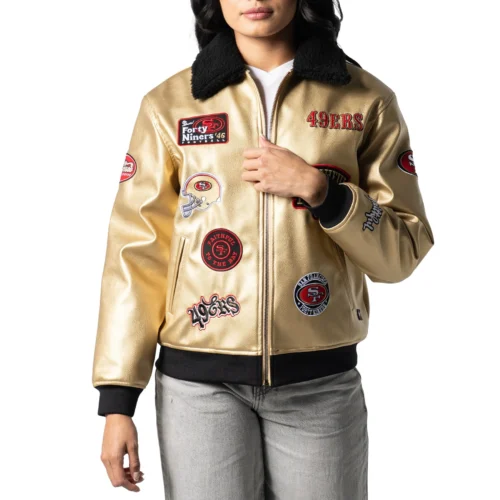Alternative view of Women’s San Francisco 49ers Full-Zip Gold Sherpa Leather Jacket