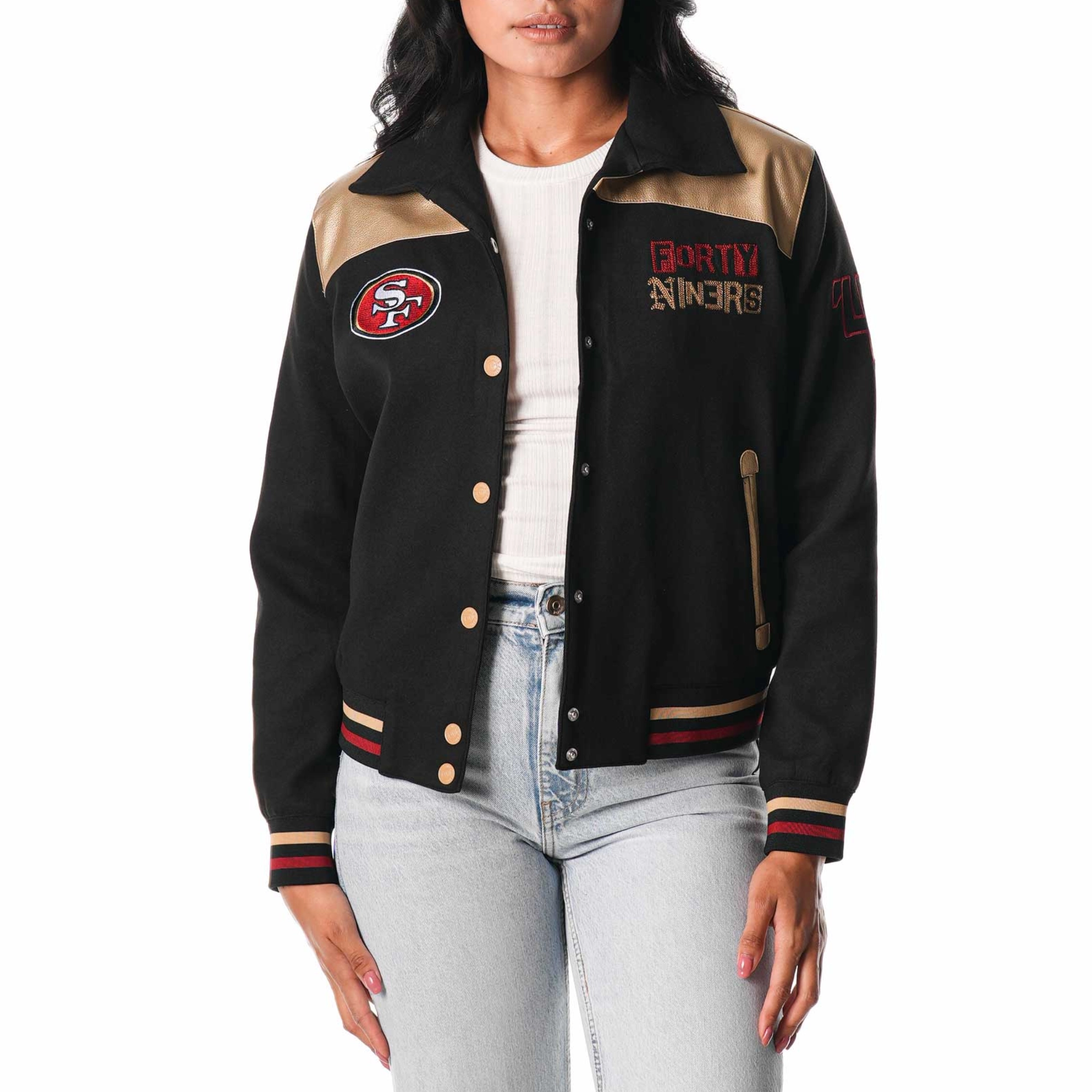 Women's San Francisco 49ers Suede Full-Snap Black Bomber Jacket