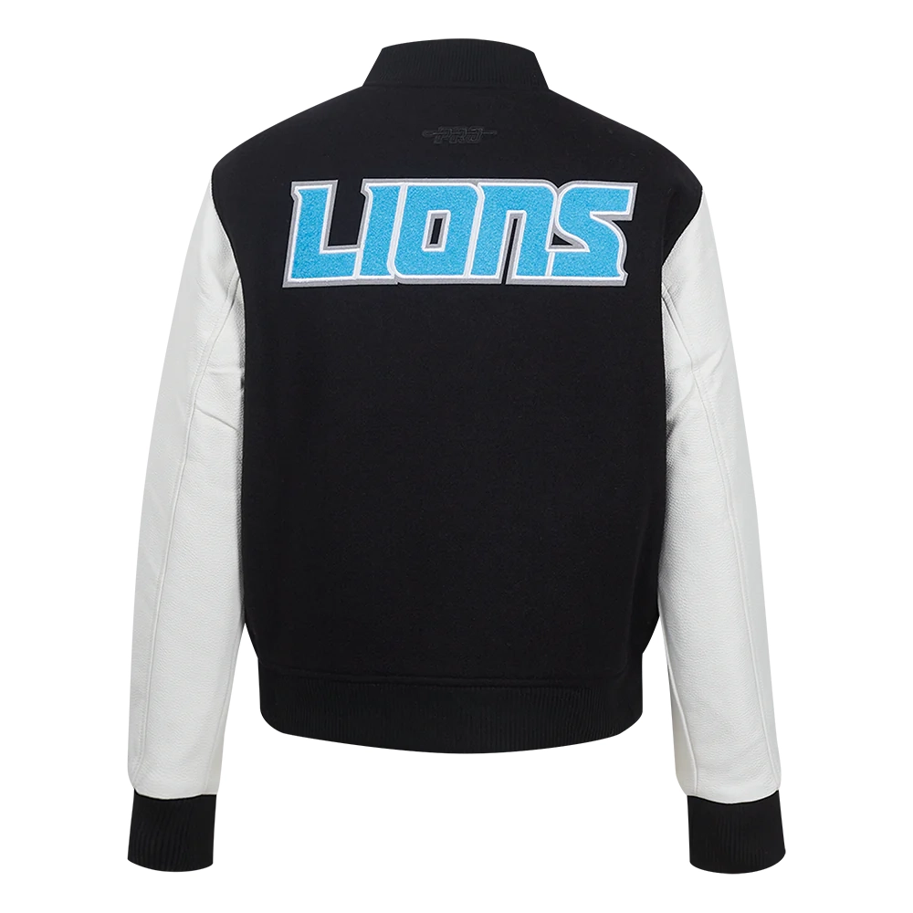 Woman's Detroit Lions Classic Black/White Wool & Leather Varsity Jacket - Image 4