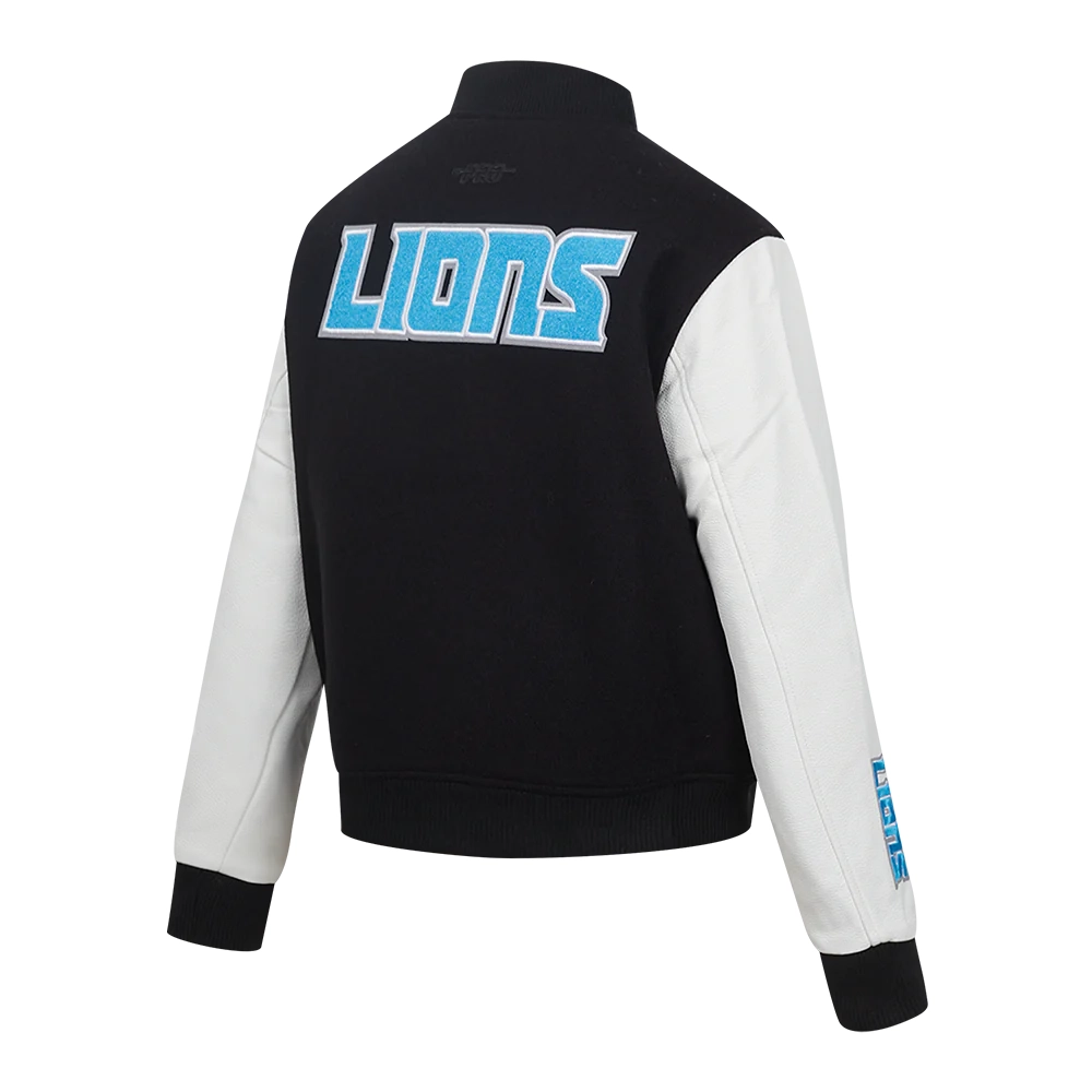 Woman's Detroit Lions Classic Black/White Wool & Leather Varsity Jacket - Image 3