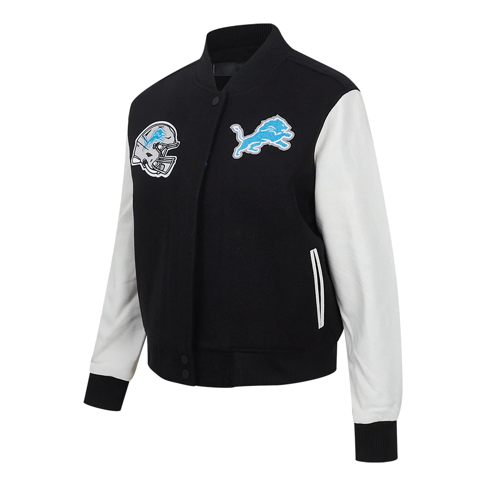 Alternative view of Woman's Detroit Lions Classic Black/White Wool & Leather Varsity Jacket