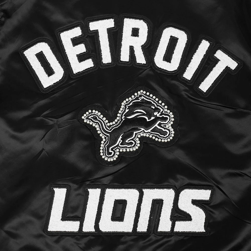 Woman's Detroit Lions Pearls Black Satin Varsity Jacket - Image 6