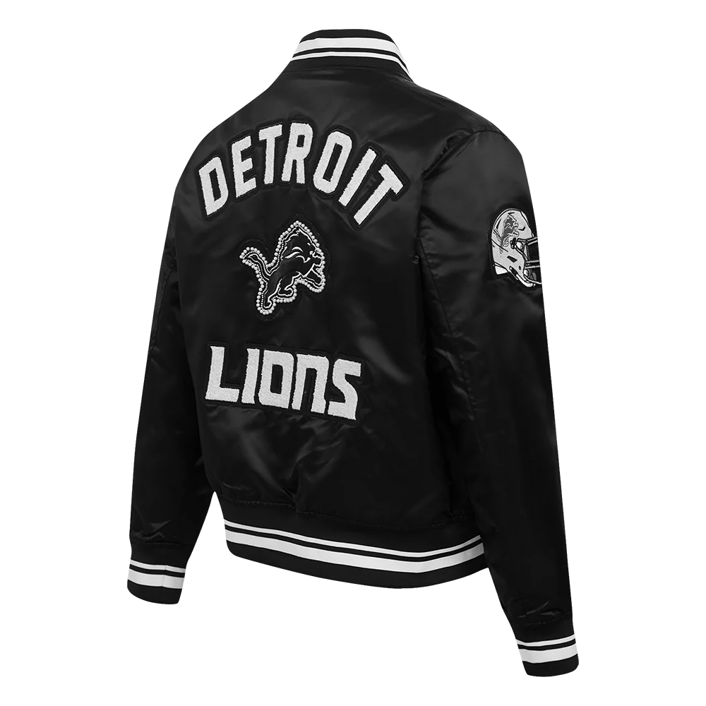 Woman's Detroit Lions Pearls Black Satin Varsity Jacket - Image 3