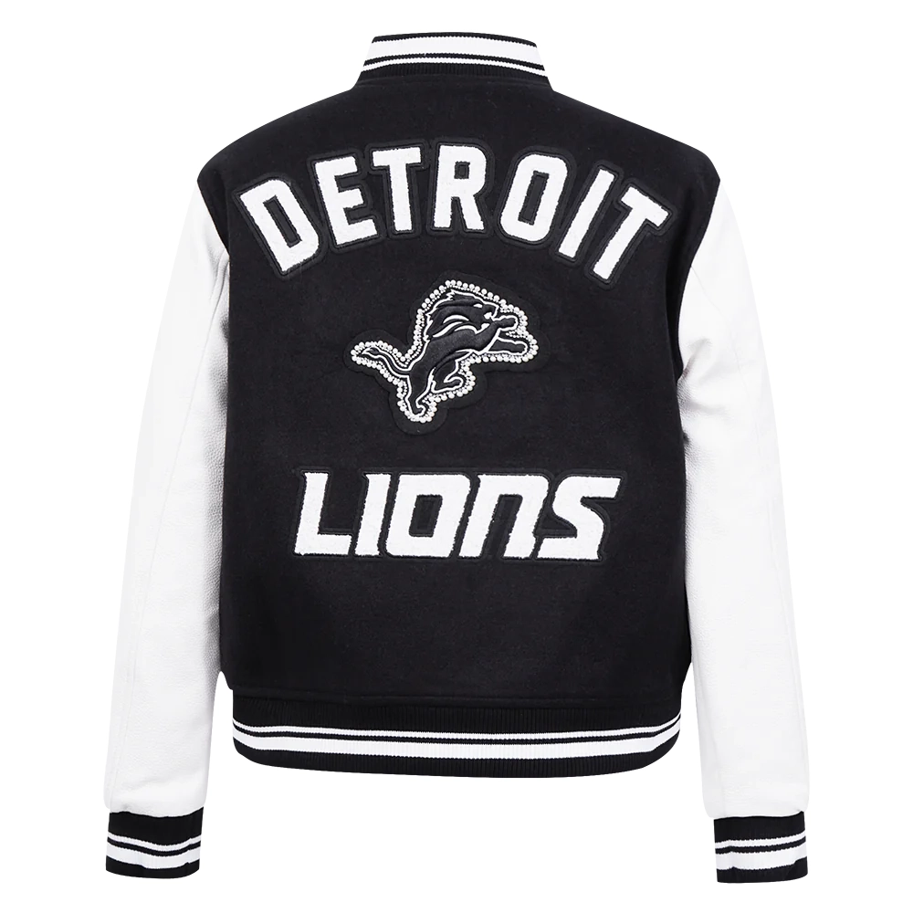 Woman's Detroit Lions Pearls Black Wool & Leather Varsity Jacket - Image 4