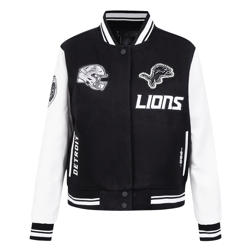 Woman's Detroit Lions Pearls Black Wool & Leather Varsity Jacket