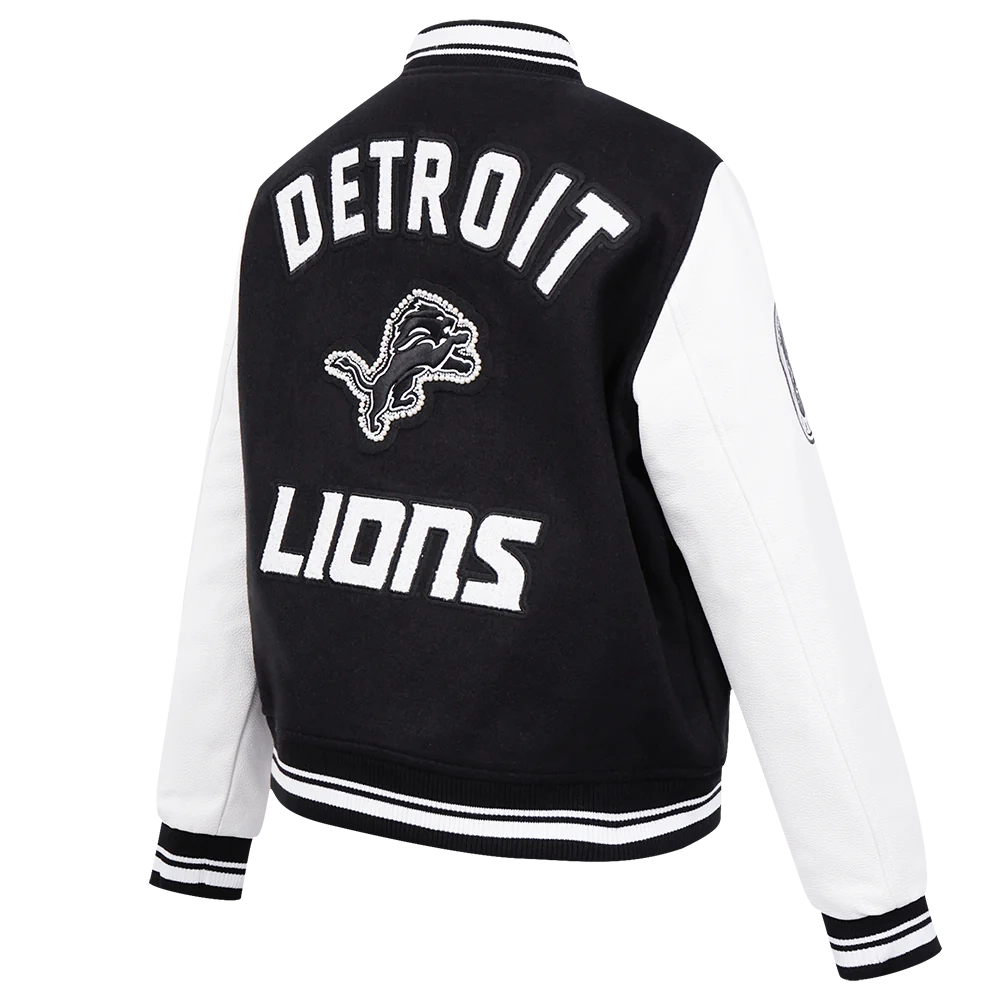 Woman's Detroit Lions Pearls Black Wool & Leather Varsity Jacket - Image 3