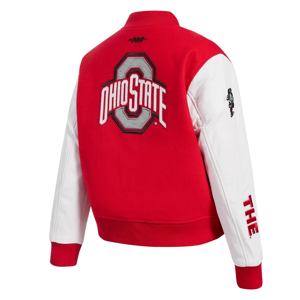 Woman's Ohio State Buckeyes Classic Red/White Wool & Leather Varsity Jacket - Image 3