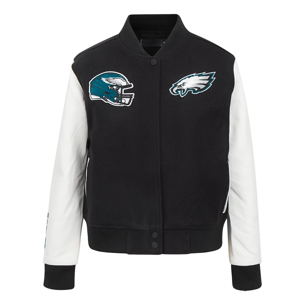 Woman's Philadelphia Eagles Classic Black/White Wool & Leather Varsity Jacket