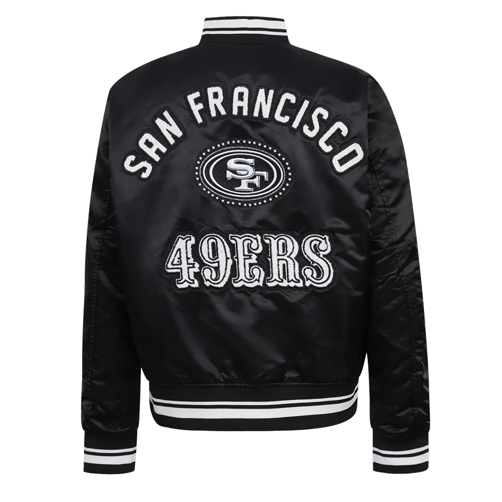 Woman's San Francisco 49ers Pearls Black Satin Varsity Jacket - Image 4