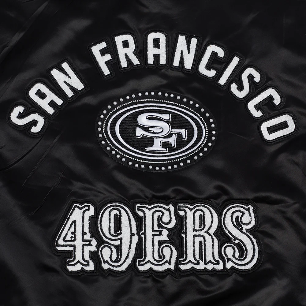 Woman's San Francisco 49ers Pearls Black Satin Varsity Jacket - Image 7