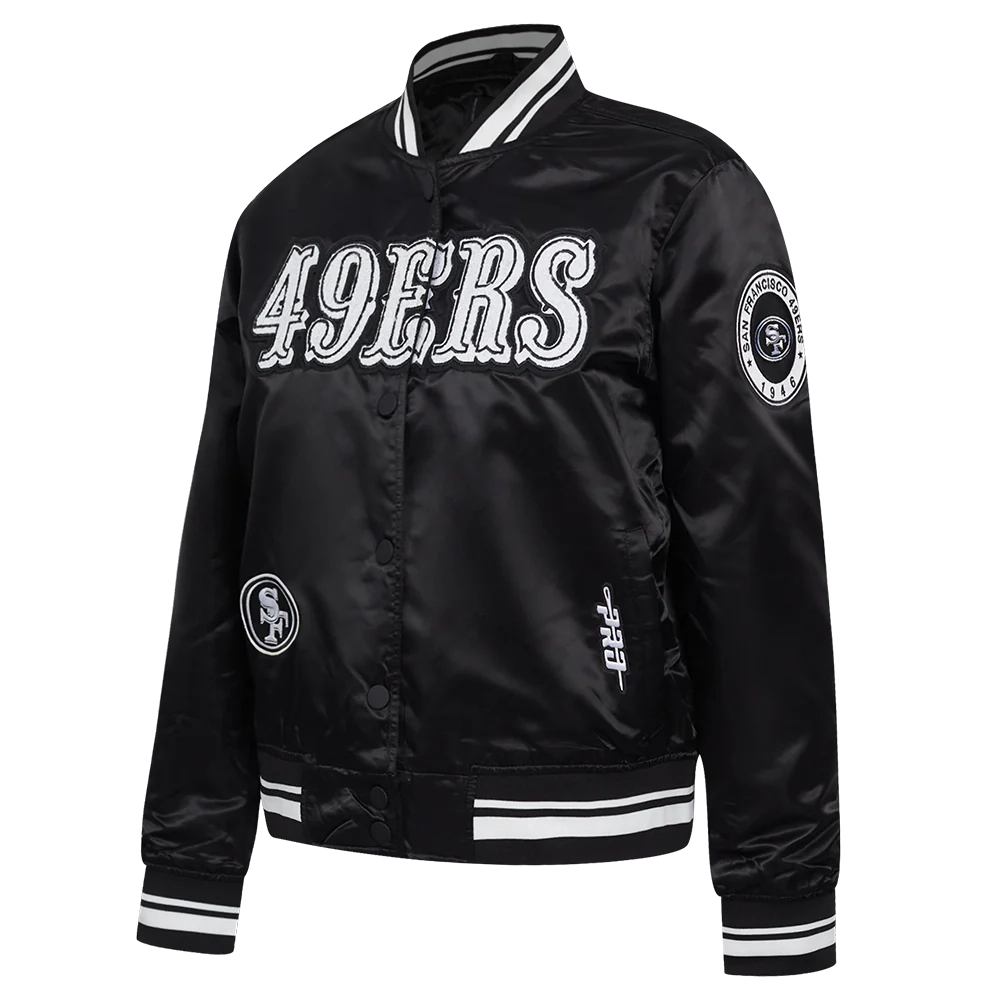 Alternative view of Woman's San Francisco 49ers Pearls Black Satin Varsity Jacket