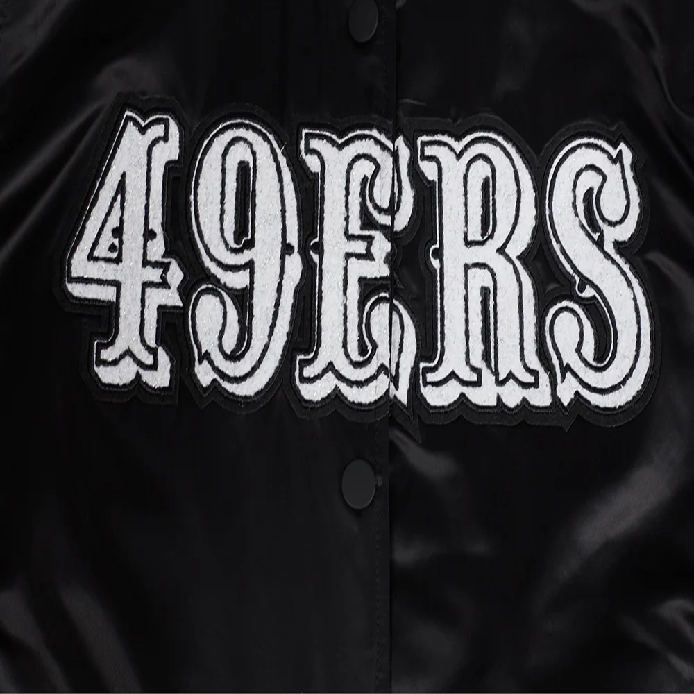 Woman's San Francisco 49ers Pearls Black Satin Varsity Jacket - Image 6