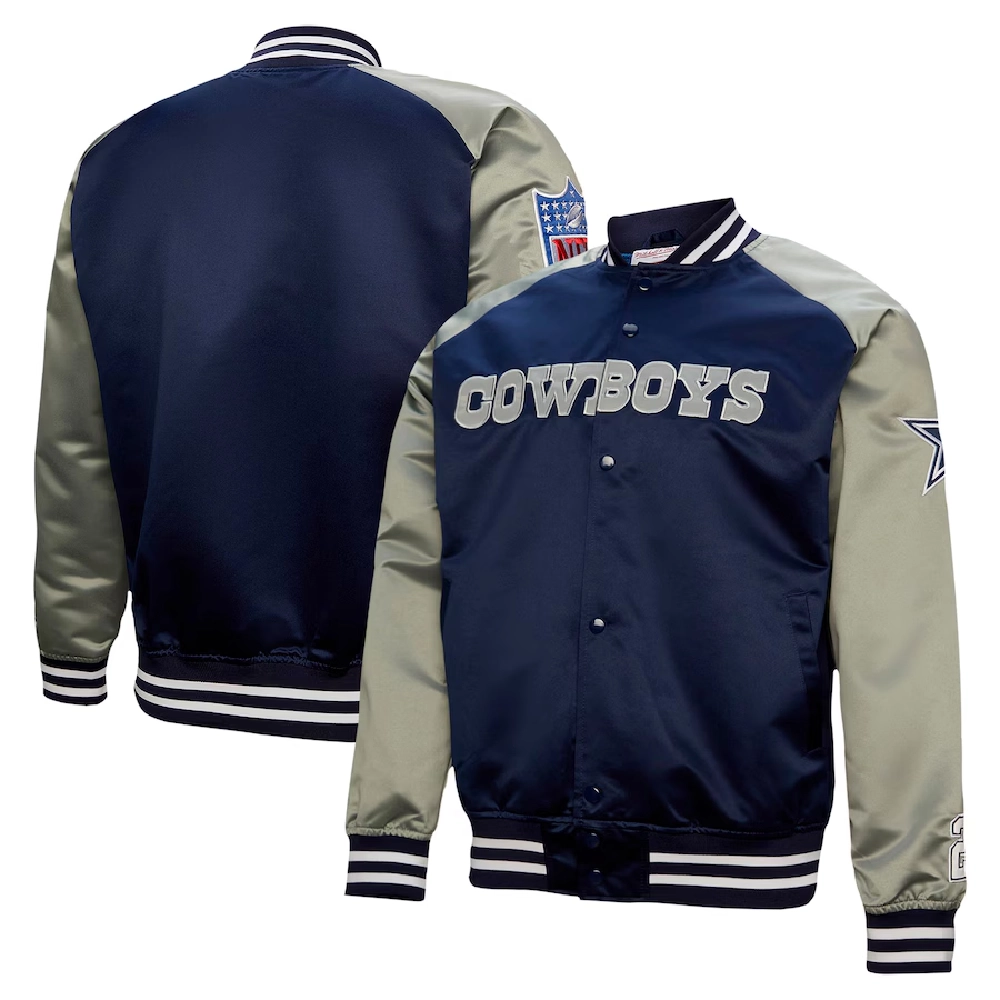 Dallas Cowboys Hardwood Classic Primetime Navy & Gray Satin Varsity Jacket - Image 3