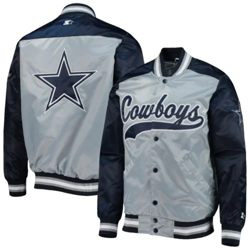 Dallas Cowboys The Tradition II Gray & Navy Full-Snap Satin Varsity Jacket - Image 3