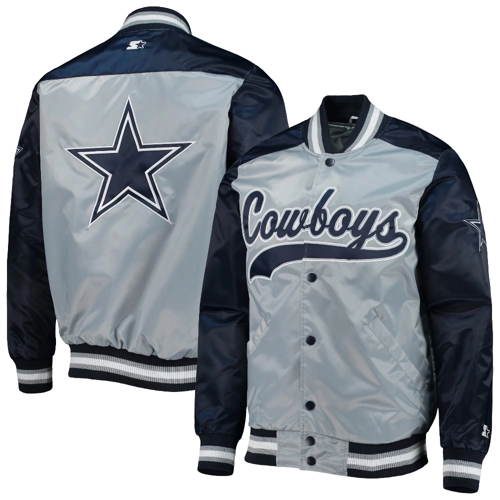Dallas Cowboys The Tradition II Gray & Navy Full-Snap Satin Varsity Jacket - Image 3