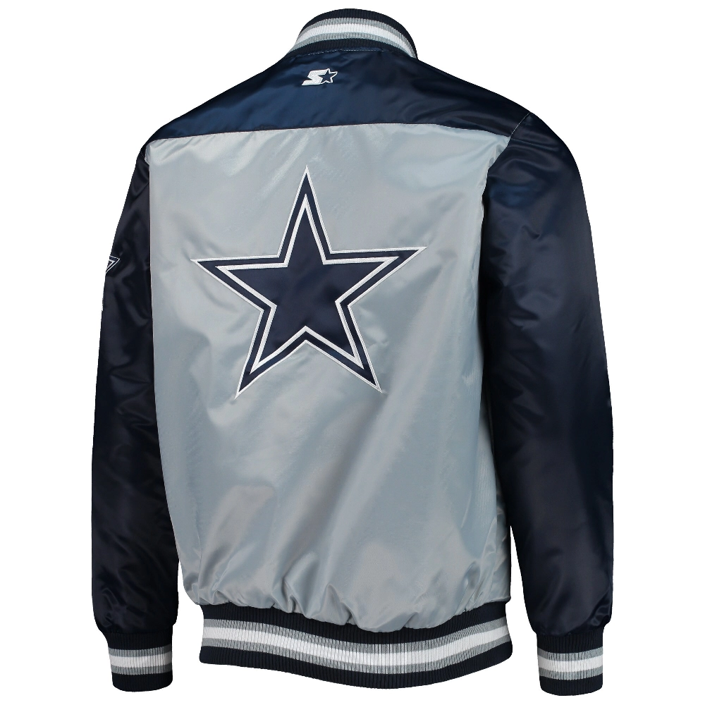 Dallas Cowboys The Tradition II Gray & Navy Full-Snap Satin Varsity Jacket - Image 2