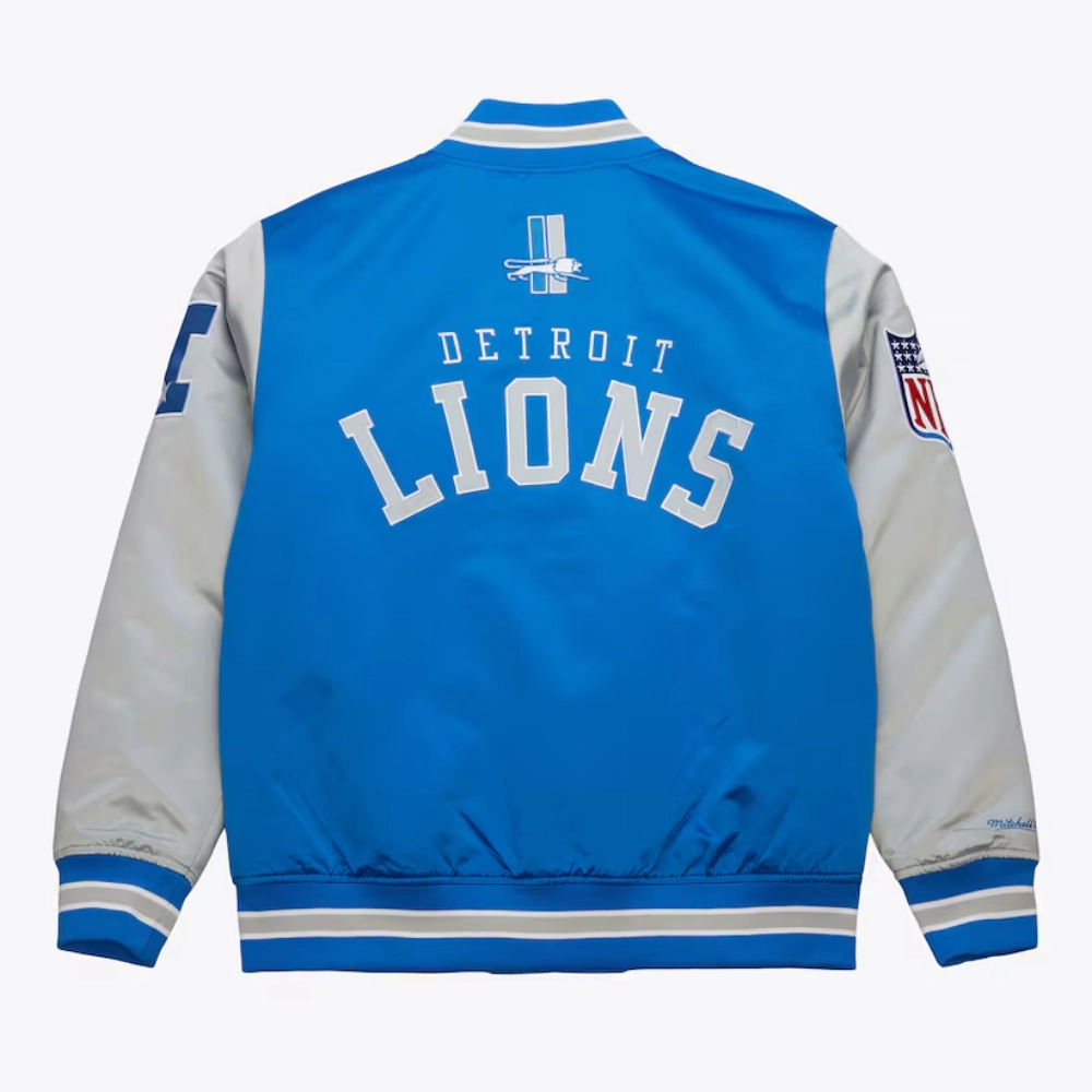 Detroit Lions Primetime Vintage Blue & Gray Satin Varsity Jacket - Image 2