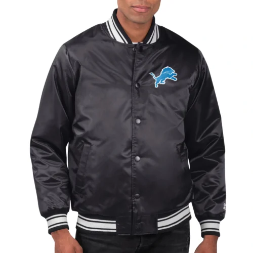 Detroit Lions Printed Team Logo Black Satin Varsity Jacket