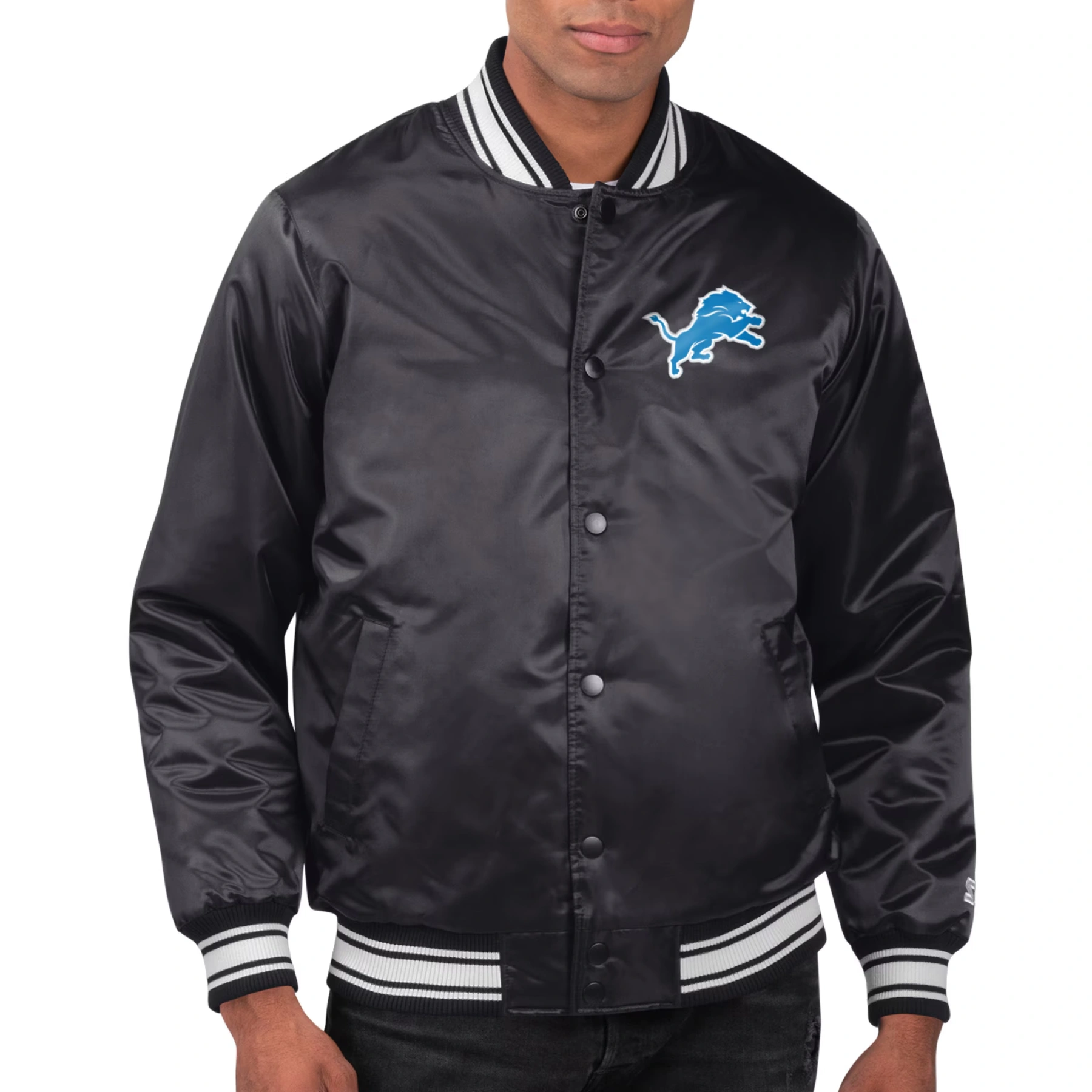 Detroit Lions Printed Team Logo Black Satin Varsity Jacket