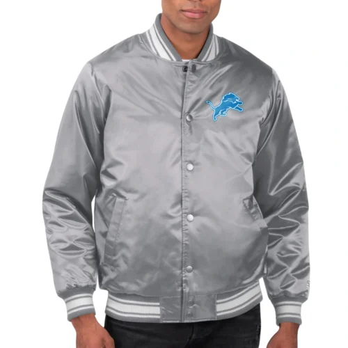 Detroit Lions Printed Team Logo Gray Satin Varsity Jacket