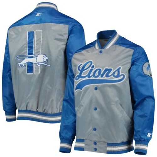 Detroit Lions The Tradition II Gray & Blue Full-Snap Satin Varsity Jacket - Image 3