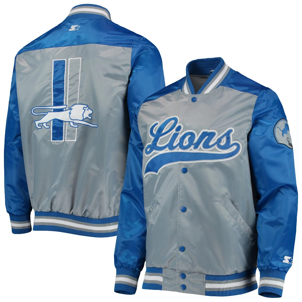 Detroit Lions The Tradition II Gray & Blue Full-Snap Satin Varsity Jacket - Image 3