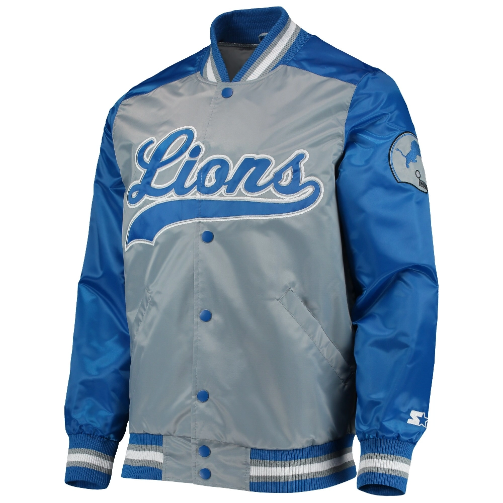 Detroit Lions The Tradition II Gray & Blue Full-Snap Satin Varsity Jacket